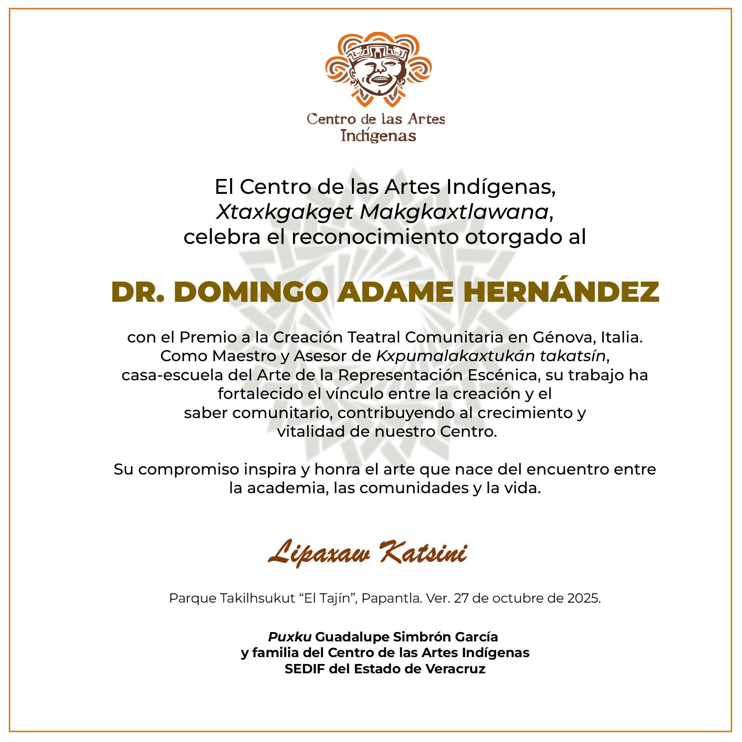 Premio a la Creación Teatral Comunitaria para el Dr. Domingo Adame